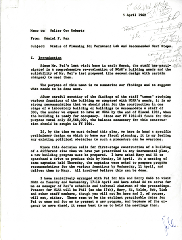 Memo from Daniel Rex to Walter Orr Roberts