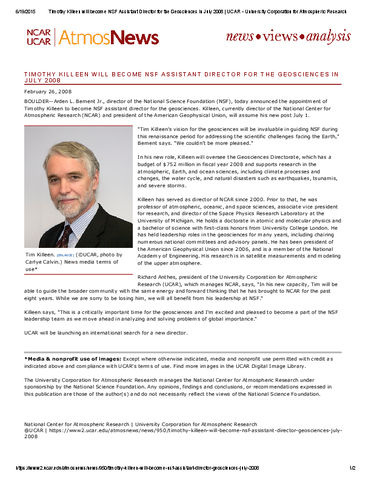 Timothy Killeen will become NSF assistant director for the geosciences in July 2008