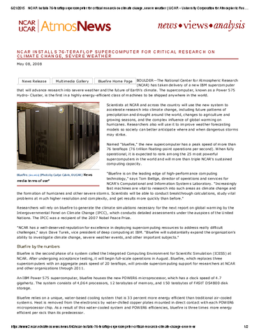 NCAR installs 76-teraflop supercomputer for critical research on climate change, severe weather