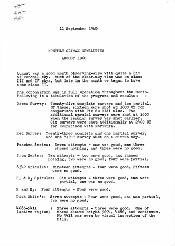Monthly Climax Newsletter, August 1960