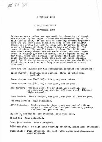 Climax Newsletter, September 1960