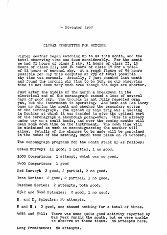 Climax Newsletter, October 1960