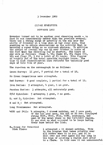 Climax Newsletter, November 1960