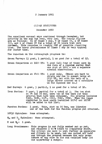Climax Newsletter, December 1960
