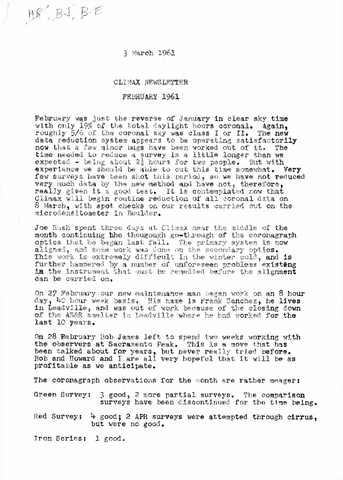 Climax Newsletter, February 1961