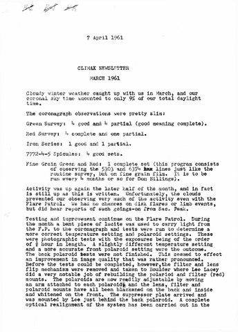 Climax Newsletter, March 1961