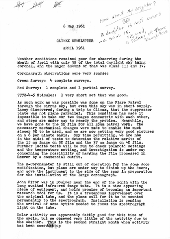 Climax Newsletter, April 1961