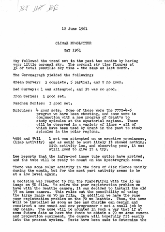 Climax Newsletter, May 1961