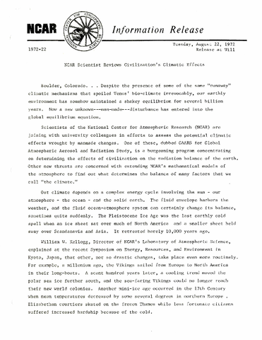 NCAR scientist reviews civilization's climatic effects