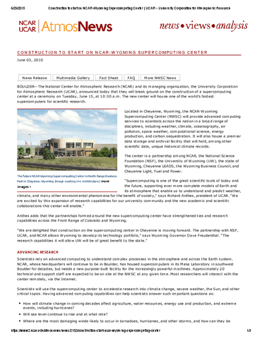 Construction to start on NCAR-Wyoming supercomputing center