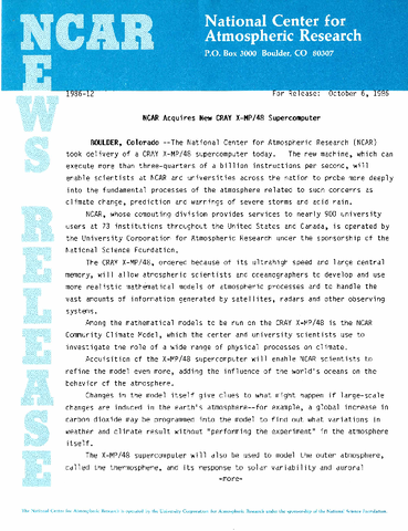 NCAR acquires new CRAY X-MP/48 supercomputer