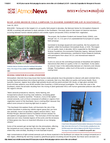 NCAR joins massive field campaign to examine summertime air in Southeast
