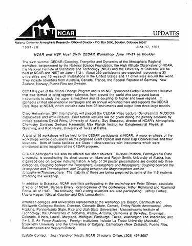 NCAR and NSF host sixth CEDAR workshop June 17-21 in Boulder