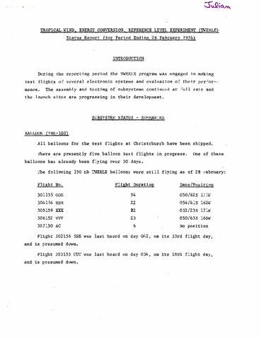 TWERLE Status Report for period ending 28 February 1974