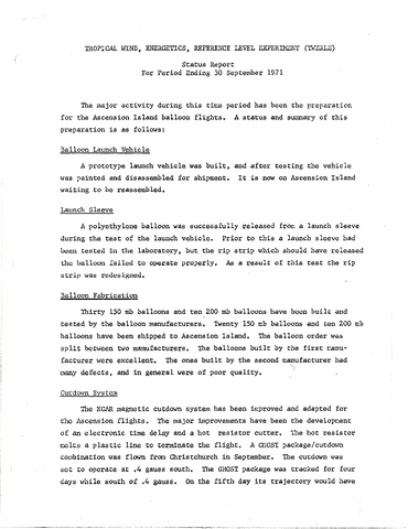 TWERLE Status Report for period ending 30 September 1971