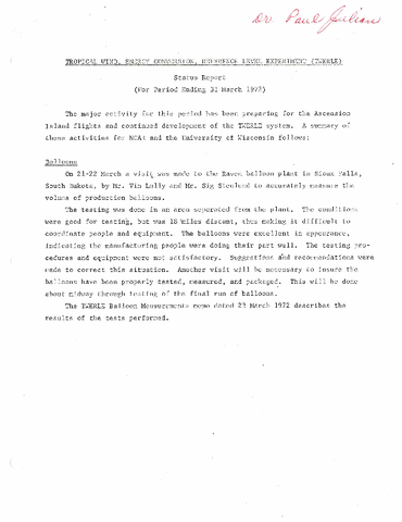 TWERLE Status Report for period ending 31 March 1972