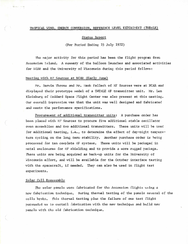 TWERLE Status Report for period ending 15 July 1972
