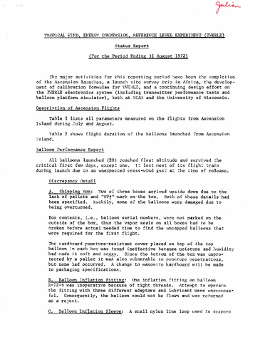 TWERLE Status Report for period ending 31 August 1972