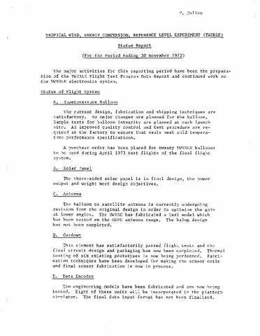 TWERLE Status Report for period ending 30 November 1972