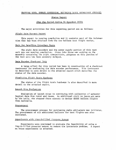 TWERLE Status Report for period ending 30 December 1972
