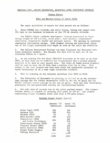 TWERLE Status Report for period ending 31 March 1973