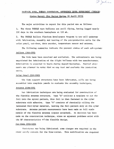 TWERLE Status Report for period ending 30 April 1973