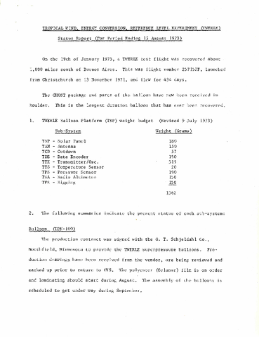 TWERLE Status Report for period ending 15 August 1973