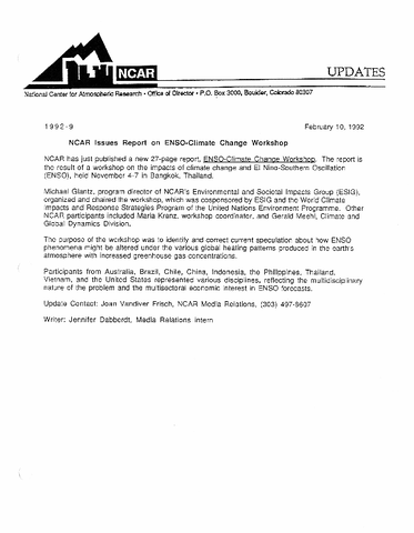 NCAR issues report on ENSO-Climate Change Workshop