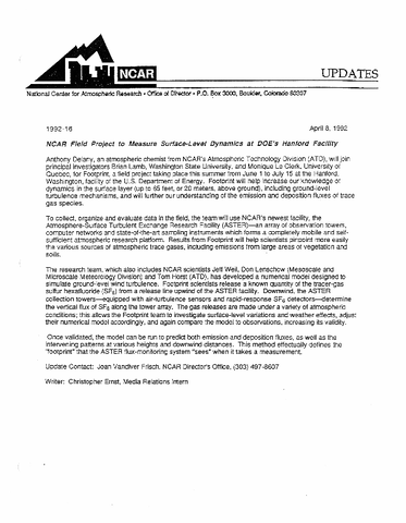 NCAR field project to measure surface-level dynamics at DOE's Hanford Facility