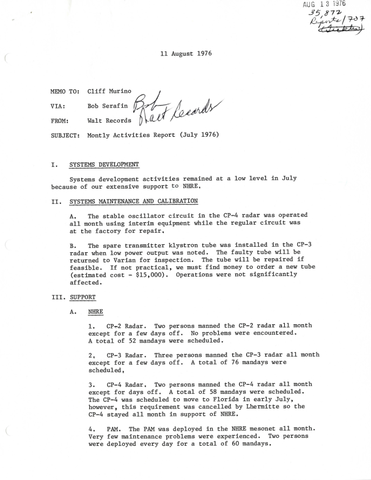 Monthly Activities Report July 1976