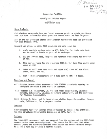 Computing Facility Monthly Activities Report October 1975
