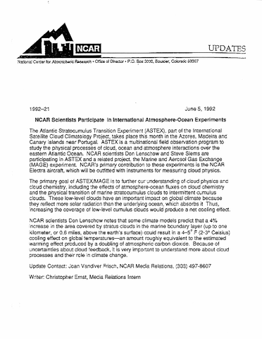 NCAR scientists participate in international atmosphere-ocean experiments