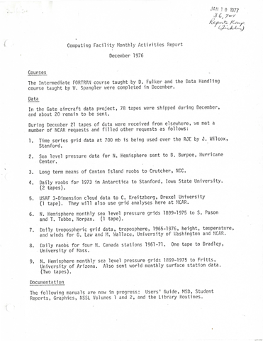 Computing Facility Monthly Activities Report December 1976