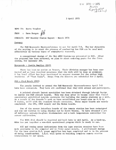 Research Systems Facility (RSF) Monthly Status Report March 1975