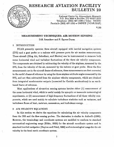 RAF Bulletin 23: Measurement techniques, air motion sensing (1989)