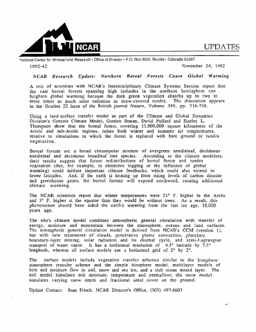 NCAR research update: northern boreal forests cause global warming