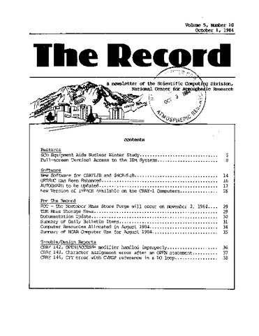 Record Newsletter of the Scientific Computing Division Volume 5 Issue 10