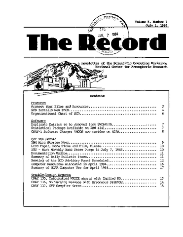 Record Newsletter of the Scientific Computing Division Volume 5 Issue 7