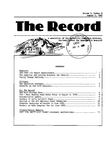 Record Newsletter of the Scientific Computing Division Volume 5 Issue 8