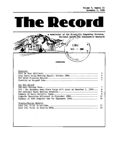 Record Newsletter of the Scientific Computing Division Volume 5 Issue 11
