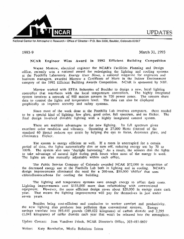 NCAR engineer wins award in 1992 efficient building competition