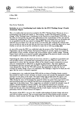 Invitation to act as Coordinating Lead Author for the IPCC Working Group I Fourth Assessment Report