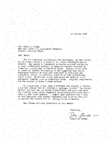 Correspondence, Donald S. Jordan to Nancy G. Wright