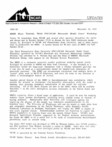 MMM hosts tutorial, third PSU/NCAR mesoscale model users' workshop
