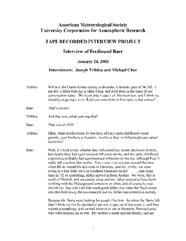 Transcript of Oral History Interview of Ferdinand Baer
