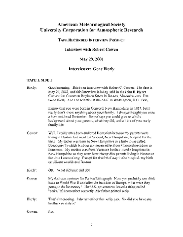 Transcript of Oral History Interview with Robert Cowen
