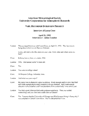 Transcript of Oral History Interview of Loren Crow