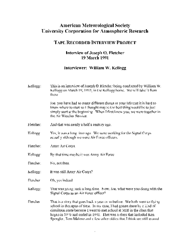 Transcript of Oral History Interview of Joseph O. Fletcher