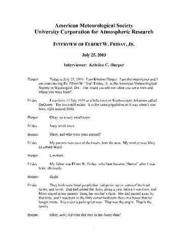 Transcript of Oral History Interview of Elbert W. Friday, Jr.