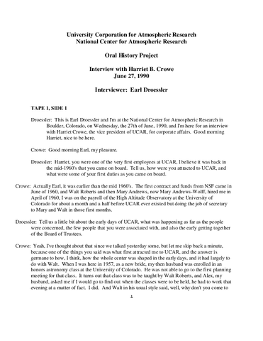 Transcript, Oral History Interview with Harriet Crowe
